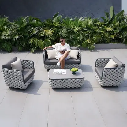 Picture of Martic 4-Piece Aluminium Rope Outdoor Sofa Set with Faux Marble Coffee Table Cushion Pillow