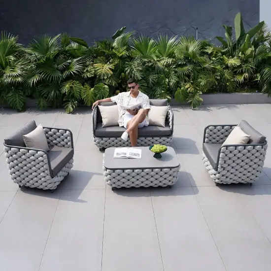Picture of Martic 4-Piece Aluminium Rope Outdoor Sofa Set with Faux Marble Coffee Table Cushion Pillow