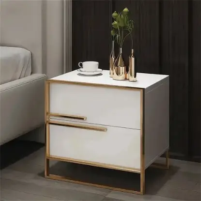 Picture of Cylina Modern 2 Drawers White Lacquer Bedside Table Square Bedside Table in Gold, Left