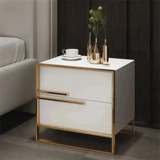 Cylina Modern 2 Drawers White Lacquer Bedside Table Square Bedside Table in Gold, Left