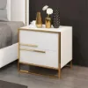 Cylina Modern 2 Drawers White Lacquer Bedside Table Square Bedside Table in Gold, Left