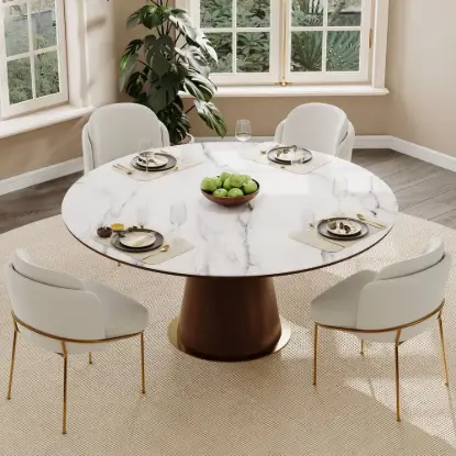 Picture of Round Dining Table Sintered Stone Top Wooden Base for 6 Mid-Century Modern
