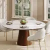 Round Dining Table Sintered Stone Top Wooden Base for 6 Mid-Century Modern