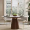 Round Dining Table Sintered Stone Top Wooden Base for 6 Mid-Century Modern