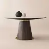 Round Dining Table Sintered Stone Top Wooden Base for 6 Mid-Century Modern