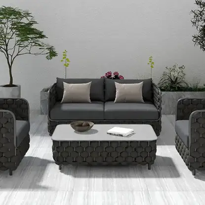 Picture of Martic Modern Aluminium & Rope & Faux Marble Top Outdoor Patio Coffee Table in Black