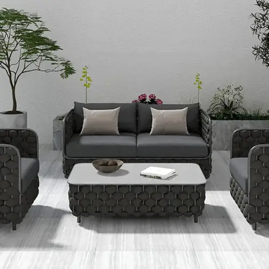 Picture of Martic Modern Aluminium & Rope & Faux Marble Top Outdoor Patio Coffee Table in Black