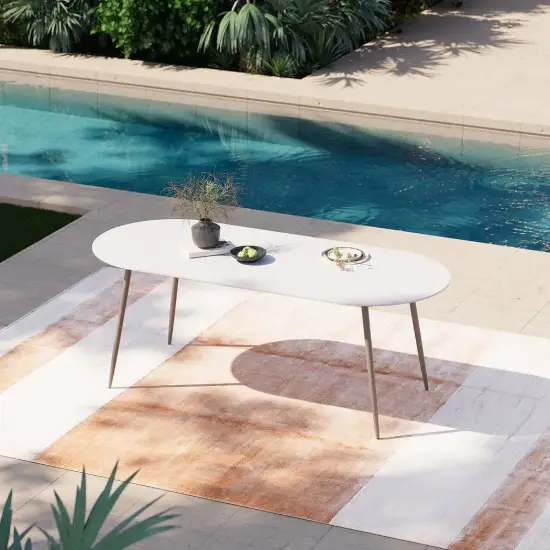 Picture of 6 - Person Oval Faux Marble Top & Aluminium Outdoor Patio Dinning Table in White & Grey