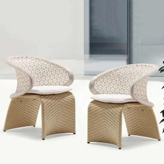 Picture of Aluminium & Rattan Outdoor Patio Dining Armchair Chair in White & Khaki (Set of 2)