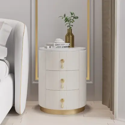 Picture of Sintered Stone Top 3-Drawer Round Velvet Bedside Table – White Nightstand Storage