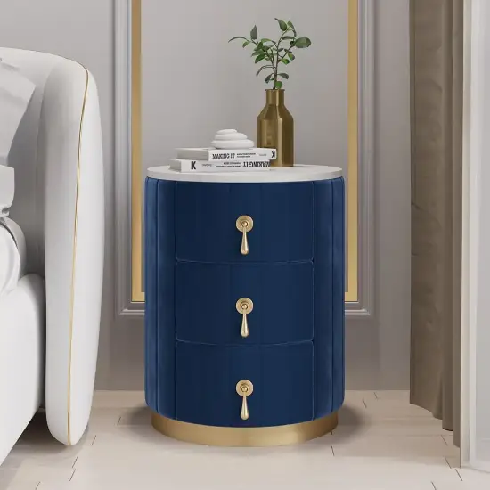 Sintered Stone Top 3-Drawer Round Velvet Bedside Table – Blue Nightstand Storage