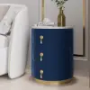 Sintered Stone Top 3-Drawer Round Velvet Bedside Table – Blue Nightstand Storage