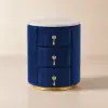 Sintered Stone Top 3-Drawer Round Velvet Bedside Table – Blue Nightstand Storage