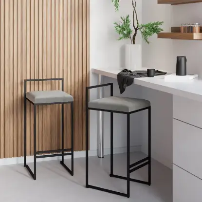 Modern Gray Velvet Upholstered Counter Stools, 2 Pieces