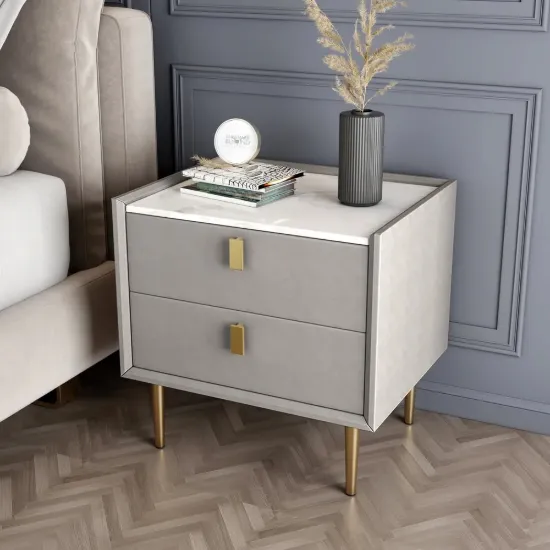 Sintered Stone Top 2-Drawer Leather Bedside Table – Nightstand Drawers Pu