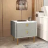 Sintered Stone Top 2-Drawer Leather Bedside Table – Nightstand Drawers Pu