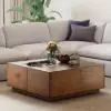 Picture of 90 cm Distressed Pine Wood Square Coffee Table with 4 Drawers