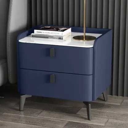 Picture of Deep Blue Leather 2-Drawer Bedside Table with Sintered Stone Top