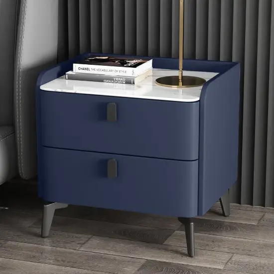 Deep Blue Leather 2-Drawer Bedside Table with Sintered Stone Top