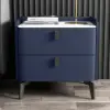 Deep Blue Leather 2-Drawer Bedside Table with Sintered Stone Top