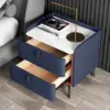 Deep Blue Leather 2-Drawer Bedside Table with Sintered Stone Top