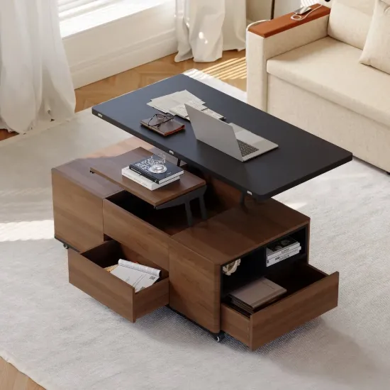 120 cm Lift-Top Extendable Coffee Table with Drawers & Cabinet – Black – Walnut