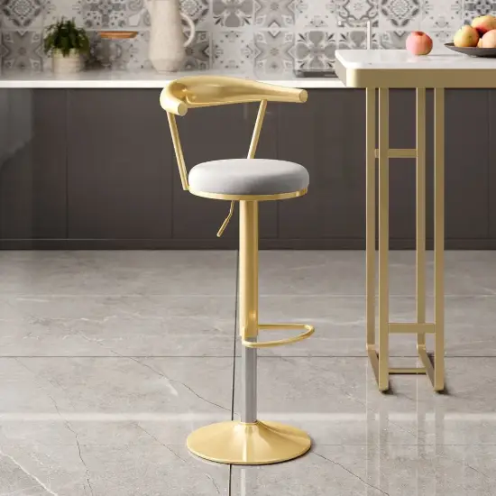 Modern Gray Bar Height Stool Adjustable & Swivel with Velvet Upholstery & Footrest