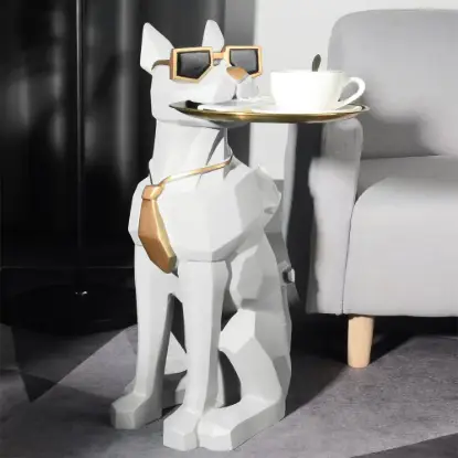Picture of Modern White Dog Resin End table with Tray Top and Tissue Box