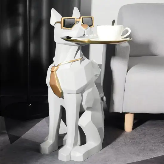 Modern White Dog Resin End table with Tray Top and Tissue Box