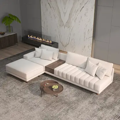 Vewal 3200 mm L-Shaped Modular Cotton & Linen Sectional with Chaise & Ottoman