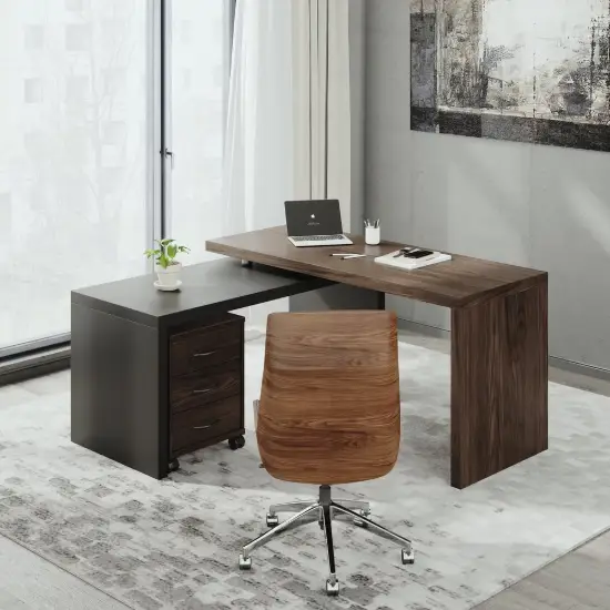 Modern 152 cm L-Shaped Black & Walnut Executive Desk with Movable File Cabinet