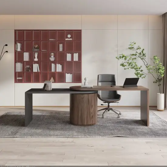 Modern 152 cm L-Shaped Black & Walnut Executive Desk with Drawers, Rotating Design