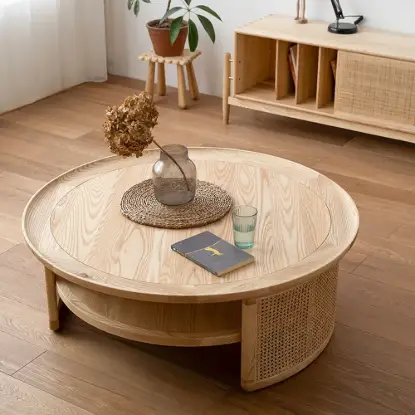 Picture of 2-Tiered Japandi Round Wood Coffee Table with Rattan Base – 80cm