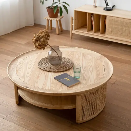 2-Tiered Japandi Round Wood Coffee Table with Rattan Base – 80cm
