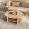 2-Tiered Japandi Round Wood Coffee Table with Rattan Base – 80cm