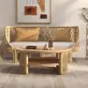 2-Tiered Japandi Round Wood Coffee Table with Rattan Base – 80cm