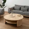 2-Tiered Japandi Round Wood Coffee Table with Rattan Base – 80cm