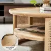 2-Tiered Japandi Round Wood Coffee Table with Rattan Base – 80cm