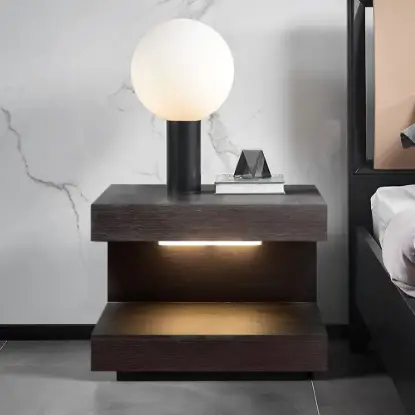 Picture of Rustic Wood Bedside Table with 1 Drawer C-shaped Side Table with Light