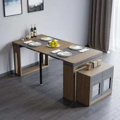 Picture of Modern 180 cm Extendable Walnut & Grey Wood Dining Table with Sideboard, Seats 2-4