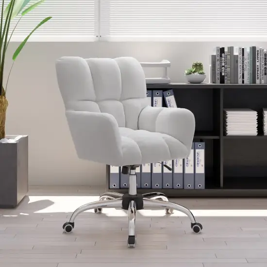 Modern White Office Chair Upholstered Cotton & Linen Swivel Task Chair Height Adjustable