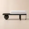 White & Black Wooden Entryway Bench Fleece Upholstered with Abstract Metal Legs