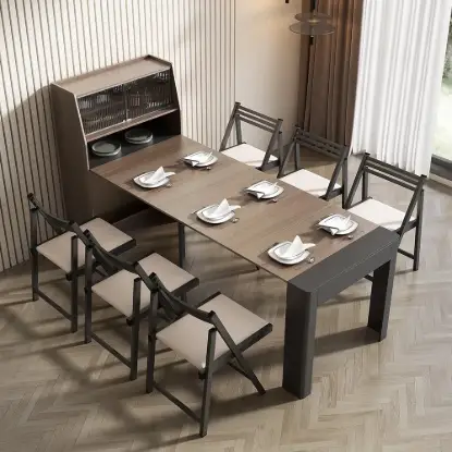 Farmhouse 1800 mm Extendable Rectangular Walnut & Gray Dining Table with Sideboard, Seats 4-5