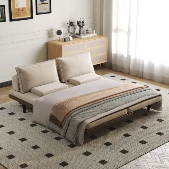 200 cm 3-Seater Cotton & Linen Convertible Sofa Bed with Pillows – 4 – Khaki Wood Sleeper