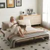 200 cm 3-Seater Cotton & Linen Convertible Sofa Bed with Pillows – 4 – Khaki Wood Sleeper