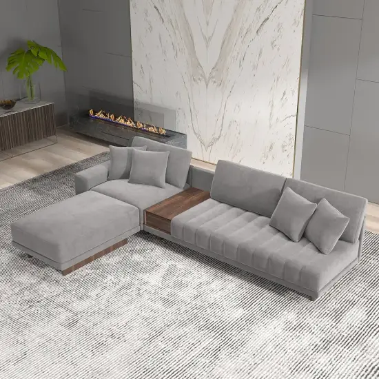 Vewal 320 cm L-Shaped Velvet Modular Sectional Sofa with Chaise & Ottoman