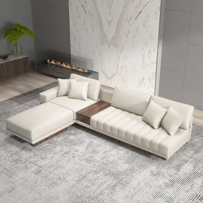 Vewal 320 cm L-Shaped Performance Leather Modular Sectional Sofa with Chaise & Ottoman – Lshaped Milky White