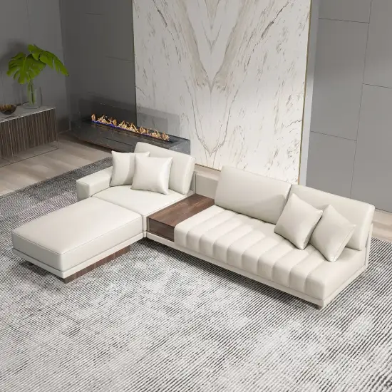 Vewal 320 cm L-Shaped Performance Leather Modular Sectional Sofa with Chaise & Ottoman – Lshaped Milky White
