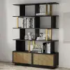 5-Tier Black Wood Bookshelf with 2 Doors Modern Bookcase in Gold Finish