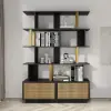 5-Tier Black Wood Bookshelf with 2 Doors Modern Bookcase in Gold Finish